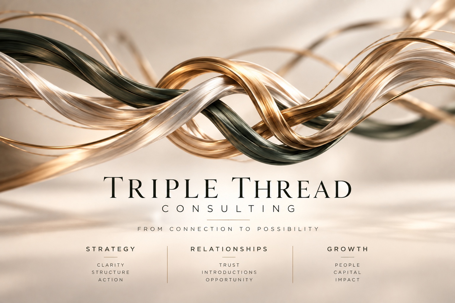 Original Triple Thread Consulting artwork featuring intertwined gold, ivory and deep green threads, and the values Strategy, Relationships and Growth